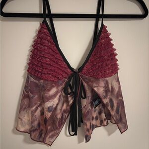 Red and Black Ruffled Sheer Cheetah Print Top